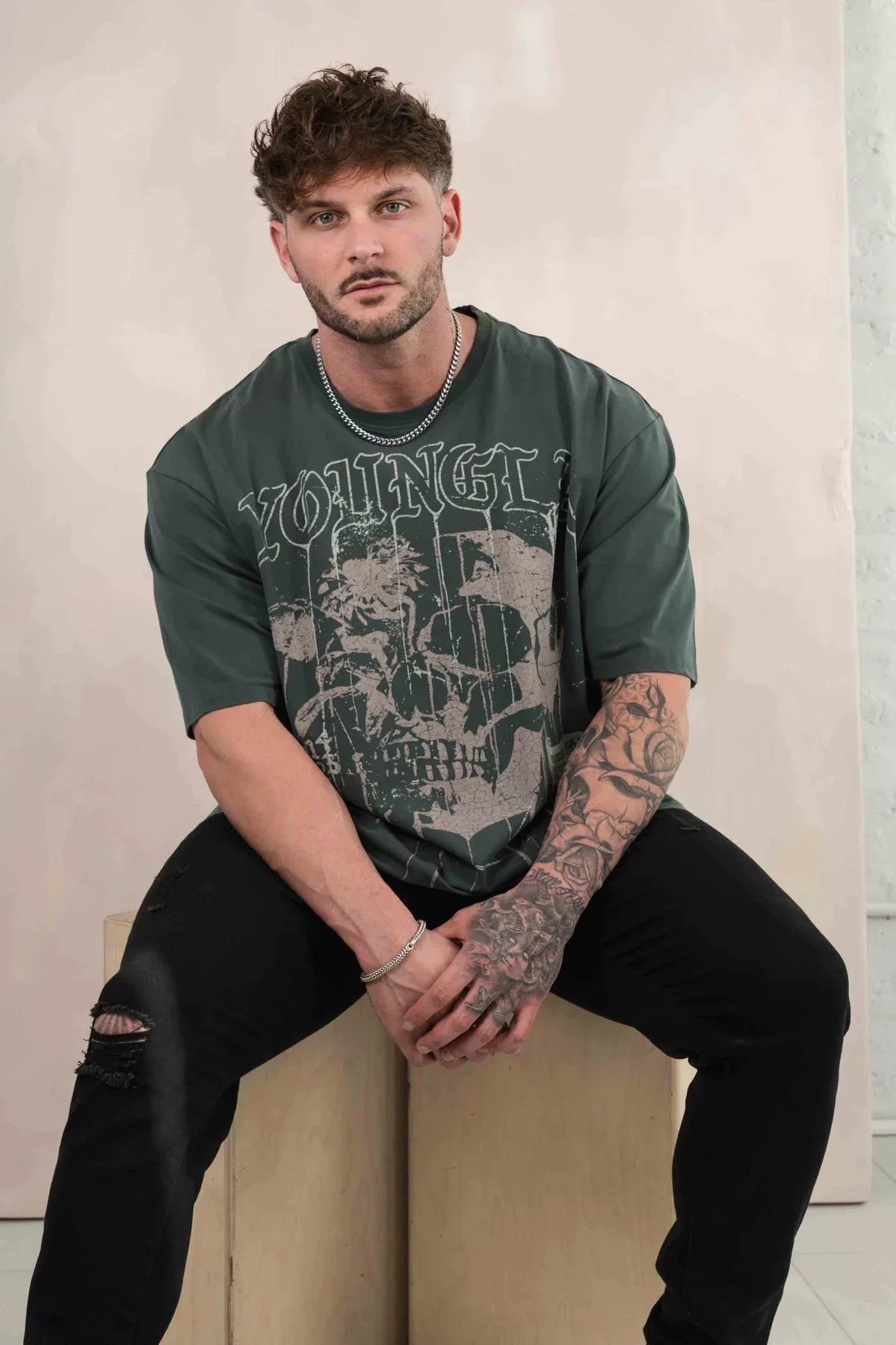 Cross border foreign trade American trendy brand YoungLa skeleton short sleeved loose cotton round neck fitness running T-shirt for men