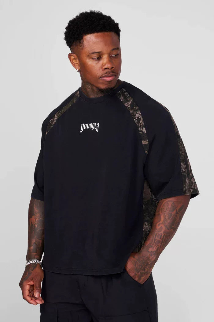 American trendy brand YOUNGLA sports style spliced short sleeved men's jogging loose fitness casual camouflage printed T-shirt