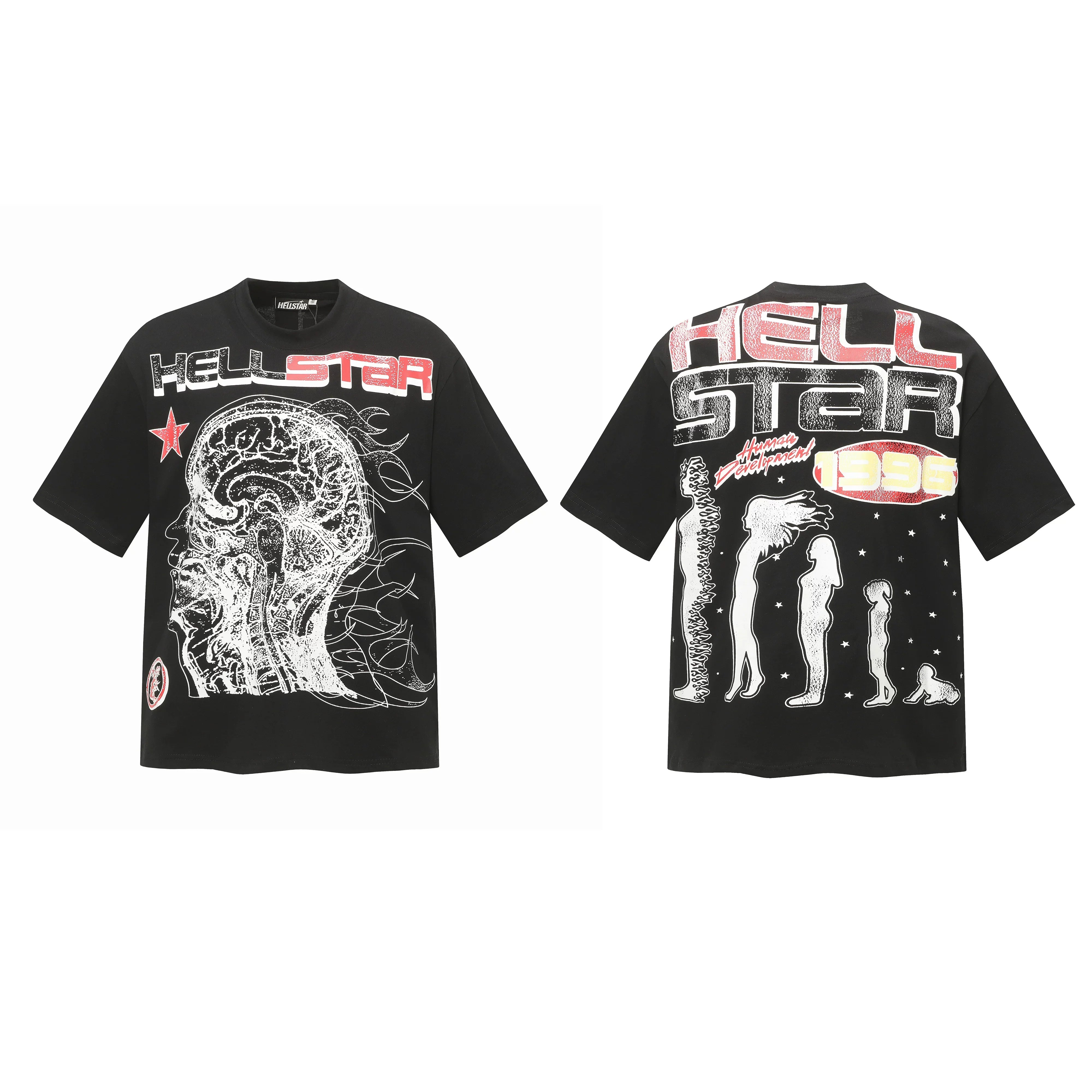 HELLSTAR 1996 Brain Art Double‑Sided Vintage Washed Short Sleeve Tee Black Streetwear T‑Shirt