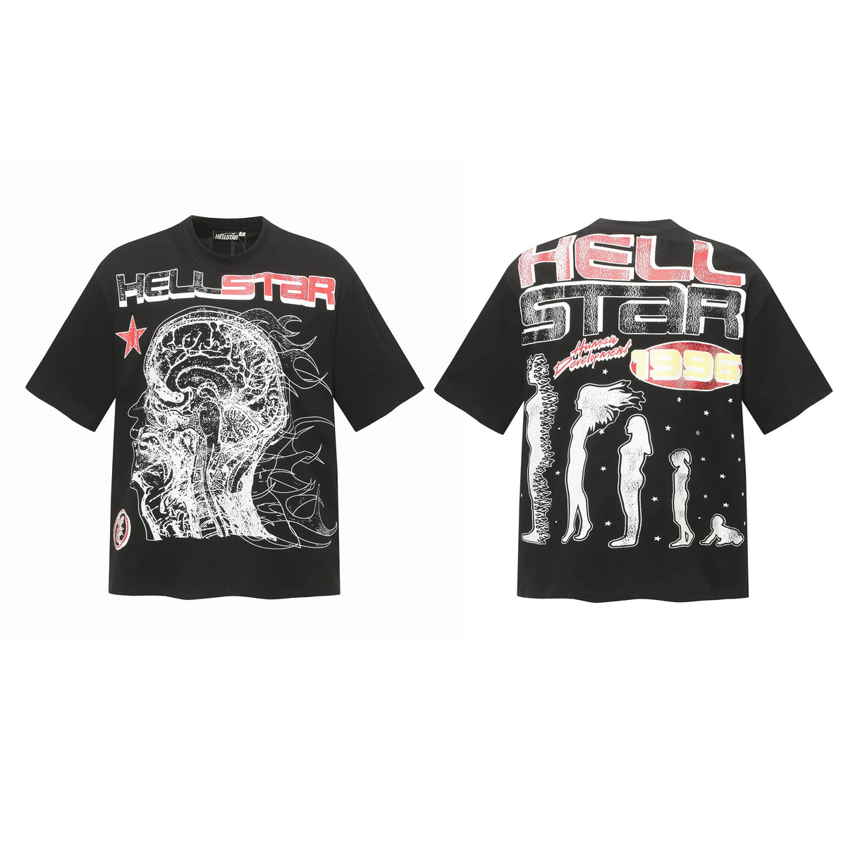 HELLSTAR 1996 Brain Art Double‑Sided Vintage Washed Short Sleeve Tee Black Streetwear T‑Shirt