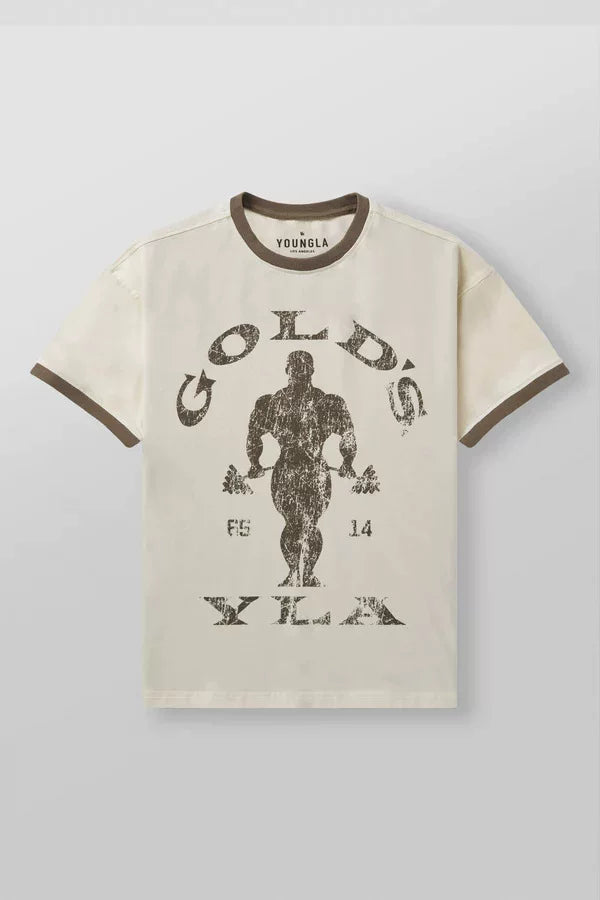 新款美式YOUNGLA联名GOLDSGYM运动短袖复古健身休闲棉氨上衣t恤男