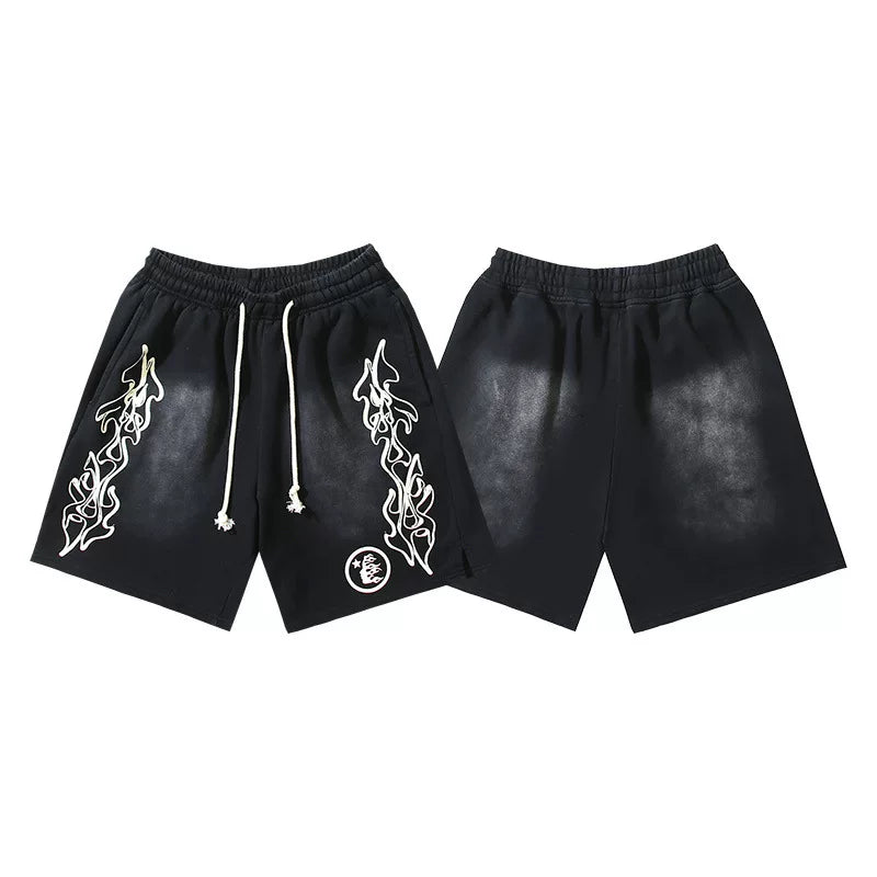 Hellstar Dual‑Side Tribal Flame Outline Washed Black Streetwear Shorts