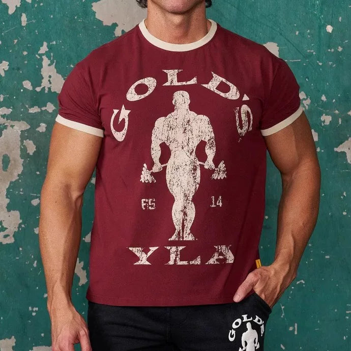 新款美式YOUNGLA联名GOLDSGYM运动短袖复古健身休闲棉氨上衣t恤男