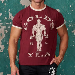 新款美式YOUNGLA联名GOLDSGYM运动短袖复古健身休闲棉氨上衣t恤男