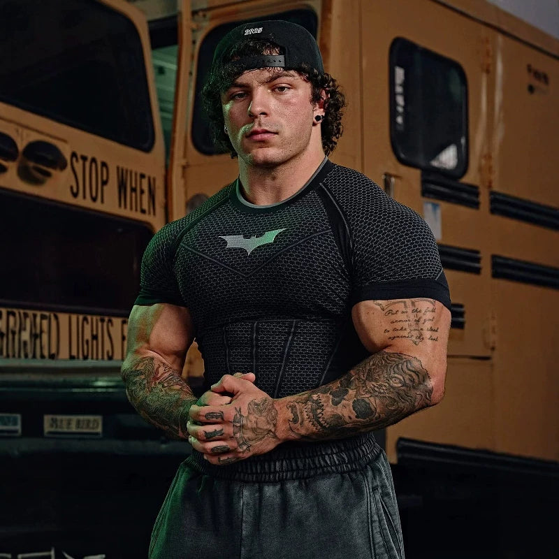 American fashion brand YOUNG LA fitness T-shirt Batman quick drying breathable elastic slim fit short sleeved training top