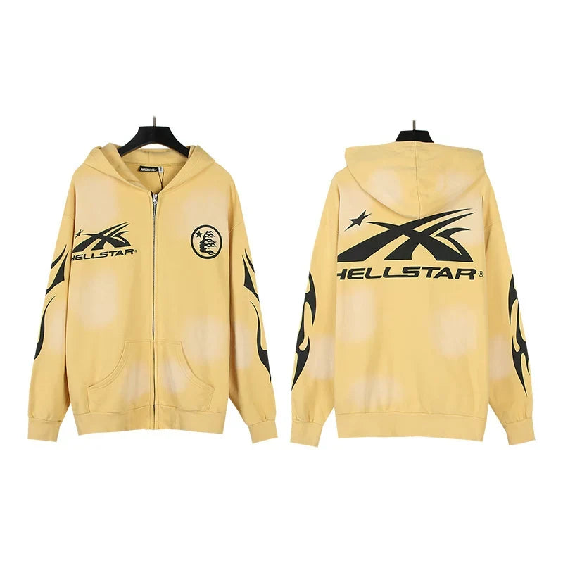 HELLSTAR X‑Logo Bleach‑Wash Yellow Zip‑Up Hoodie Streetwear Sweatshirt