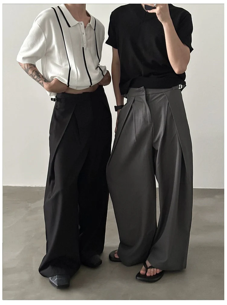 Drawstring Wide-Leg Pleated Pants