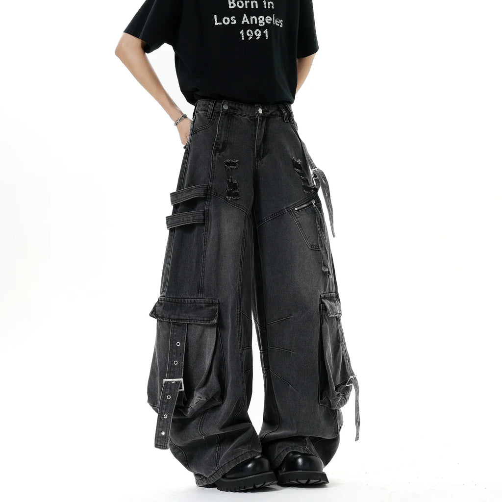 Multi-Pocket Wide Leg Cargo Jeans