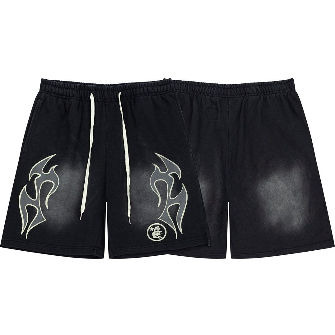 Hellstar Records Flame Print Acid Wash Loose Sweat Shorts