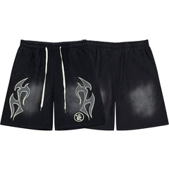 Hellstar Records Flame Print Acid Wash Loose Sweat Shorts
