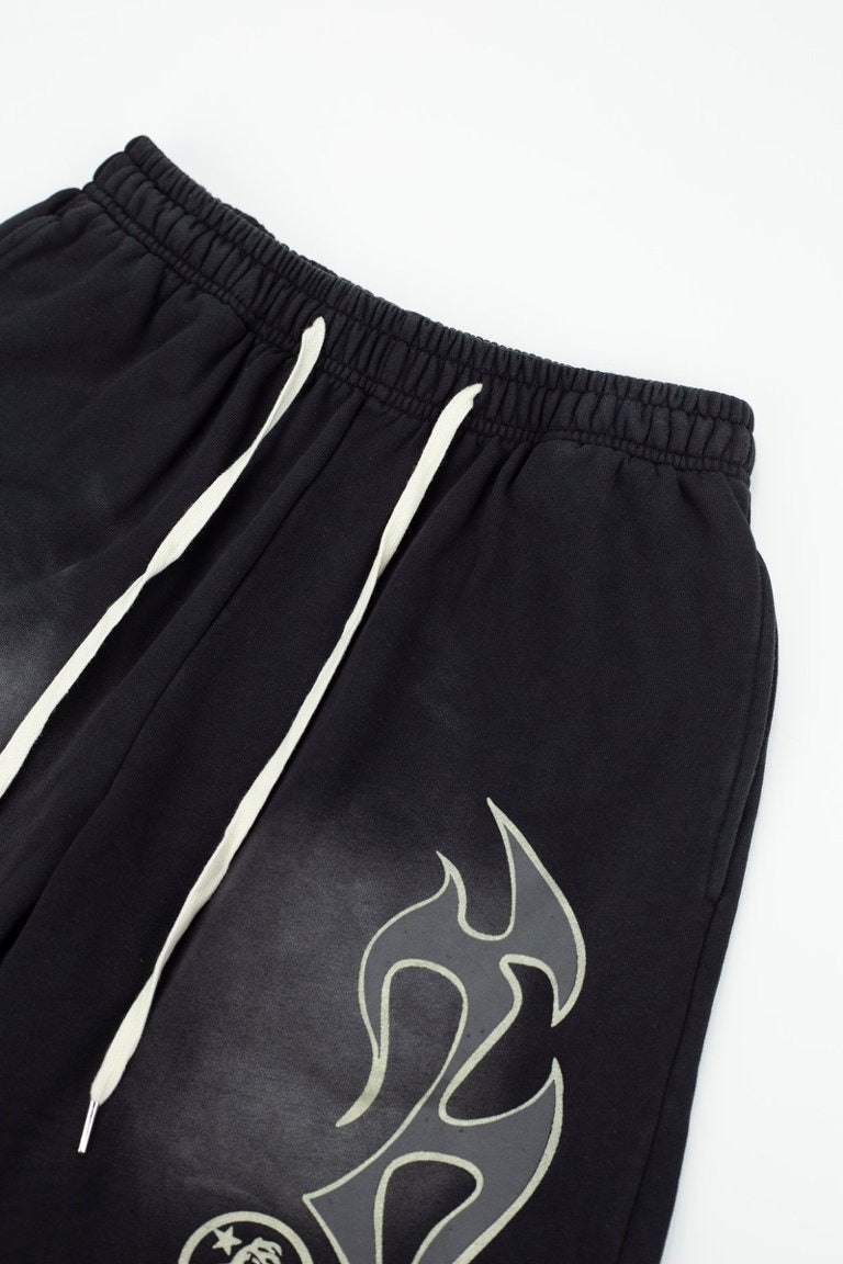 Hellstar Records Flame Print Acid Wash Loose Sweat Shorts