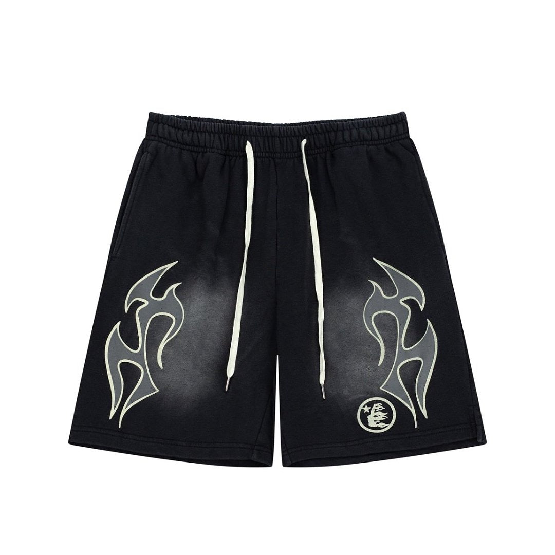 Hellstar Records Flame Print Acid Wash Loose Sweat Shorts