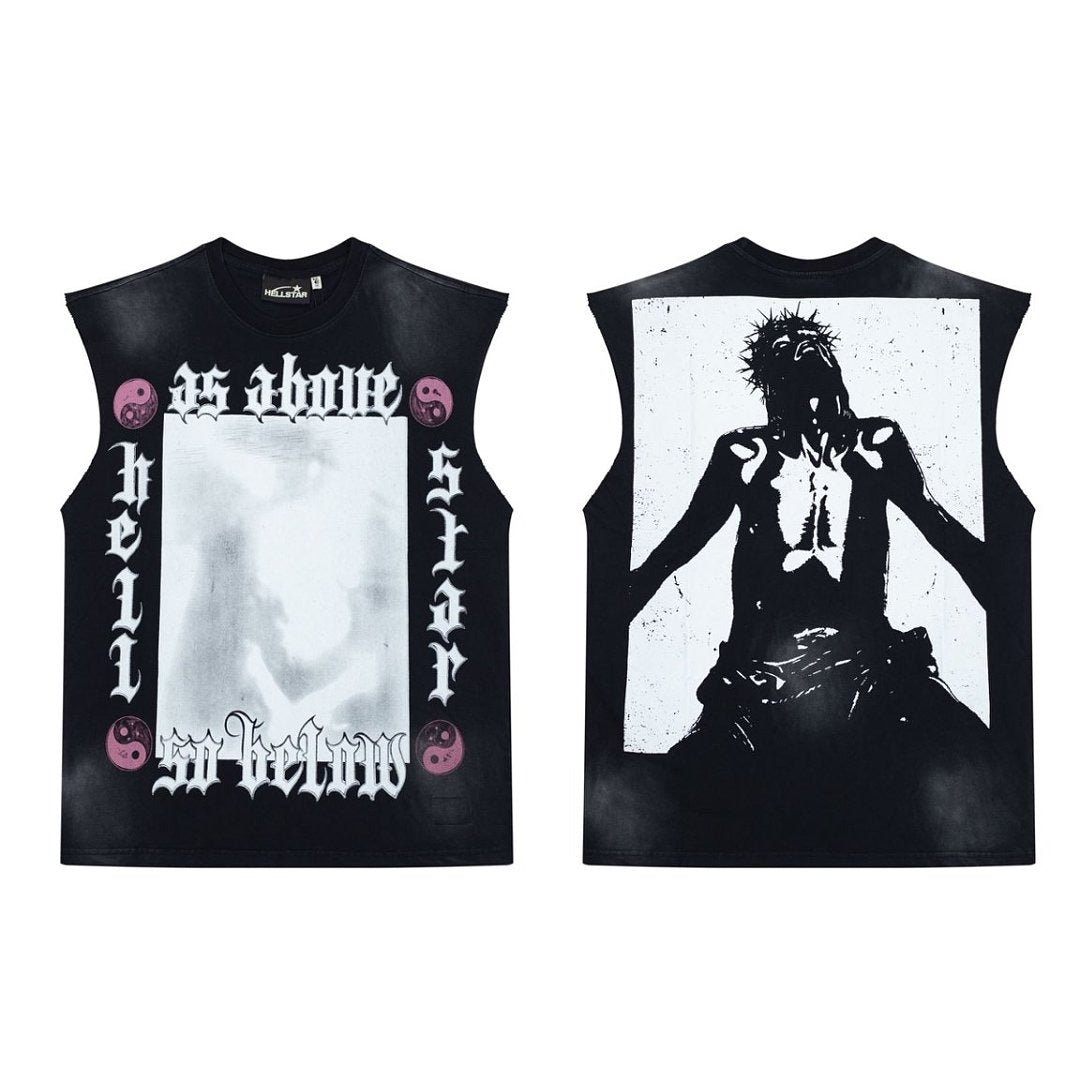 Hellstar High-Street Distressed Yin Yang Taichi Print Cotton Tank Top